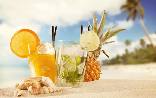 shell pineapple glass sand summer food cocktail HD Desktop Wallpaper | Background Image