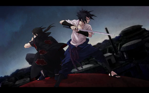 Two iconic characters, Itachi and Sasuke Uchiha, are depicted in a dramatic action pose from the anime Naruto, set against a dark, atmospheric background.