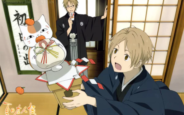 4K Ultra HD anime wallpaper featuring characters from Natsume Yuujinchou (Natsume's Book of Friends) in a traditional Japanese room holding a festive decoration.