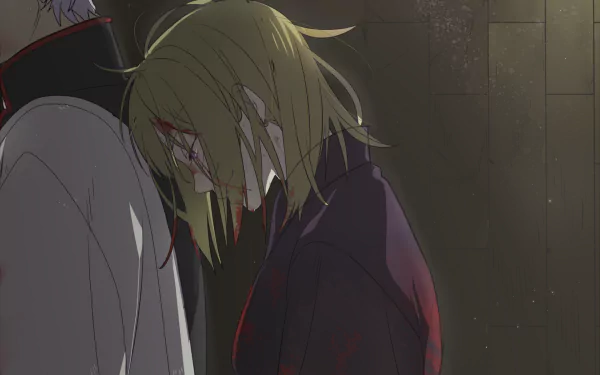 HD anime desktop wallpaper featuring a somber scene from Gintama with two characters leaning against each other in dim lighting.