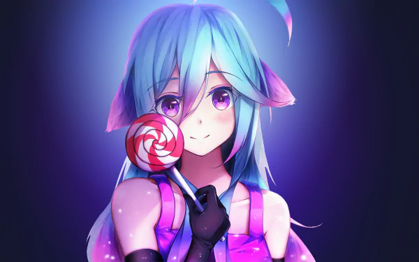 HD desktop wallpaper of an anime girl with light blue hair, purple eyes, and animal-like ears, holding a red and white striped lollipop against a glowing, dark background.