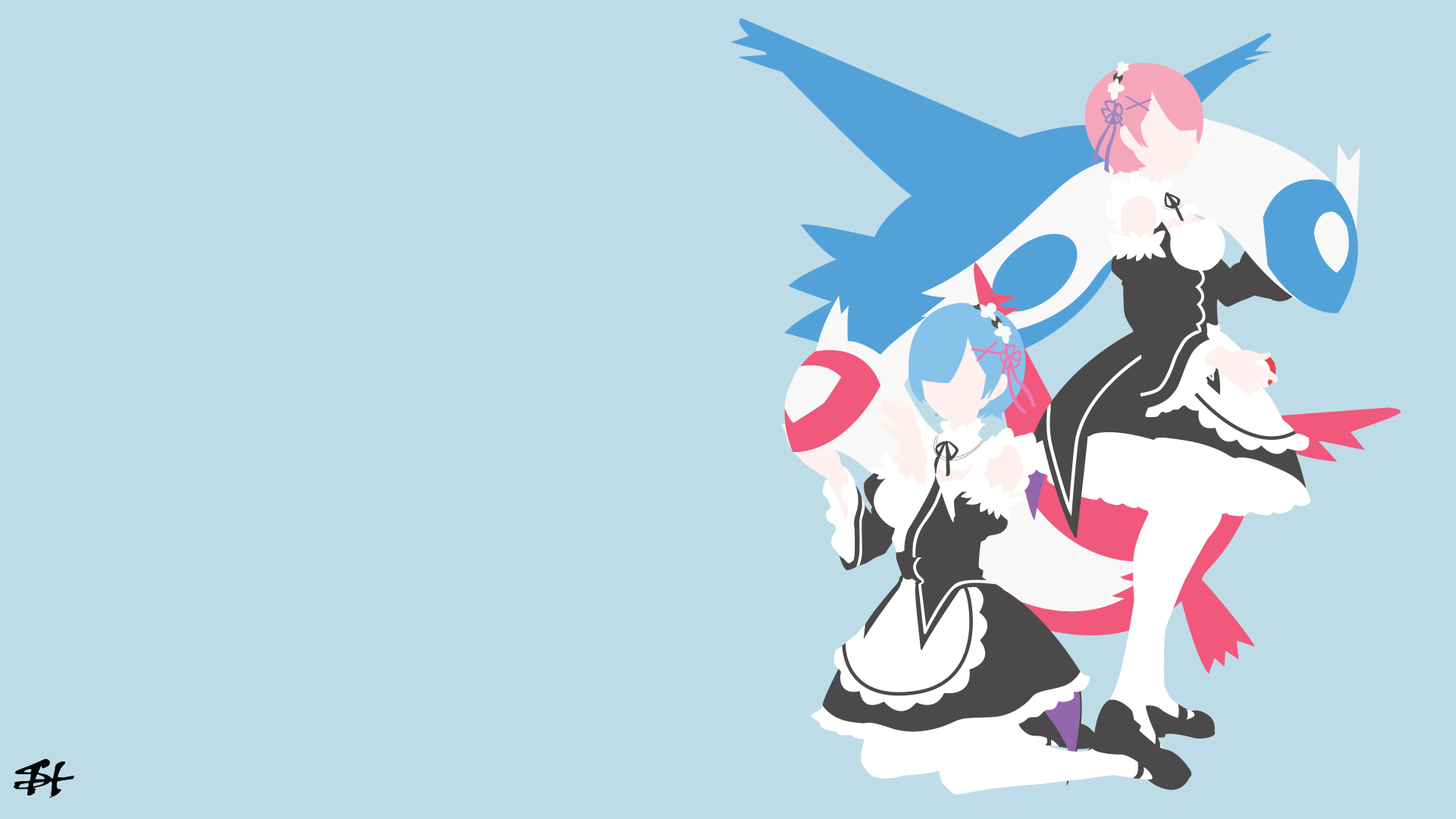 A minimalist HD wallpaper featuring characters Ram and Rem from Re:Zero alongside Pokémon Latias and Latios, blending elements from anime and video games.