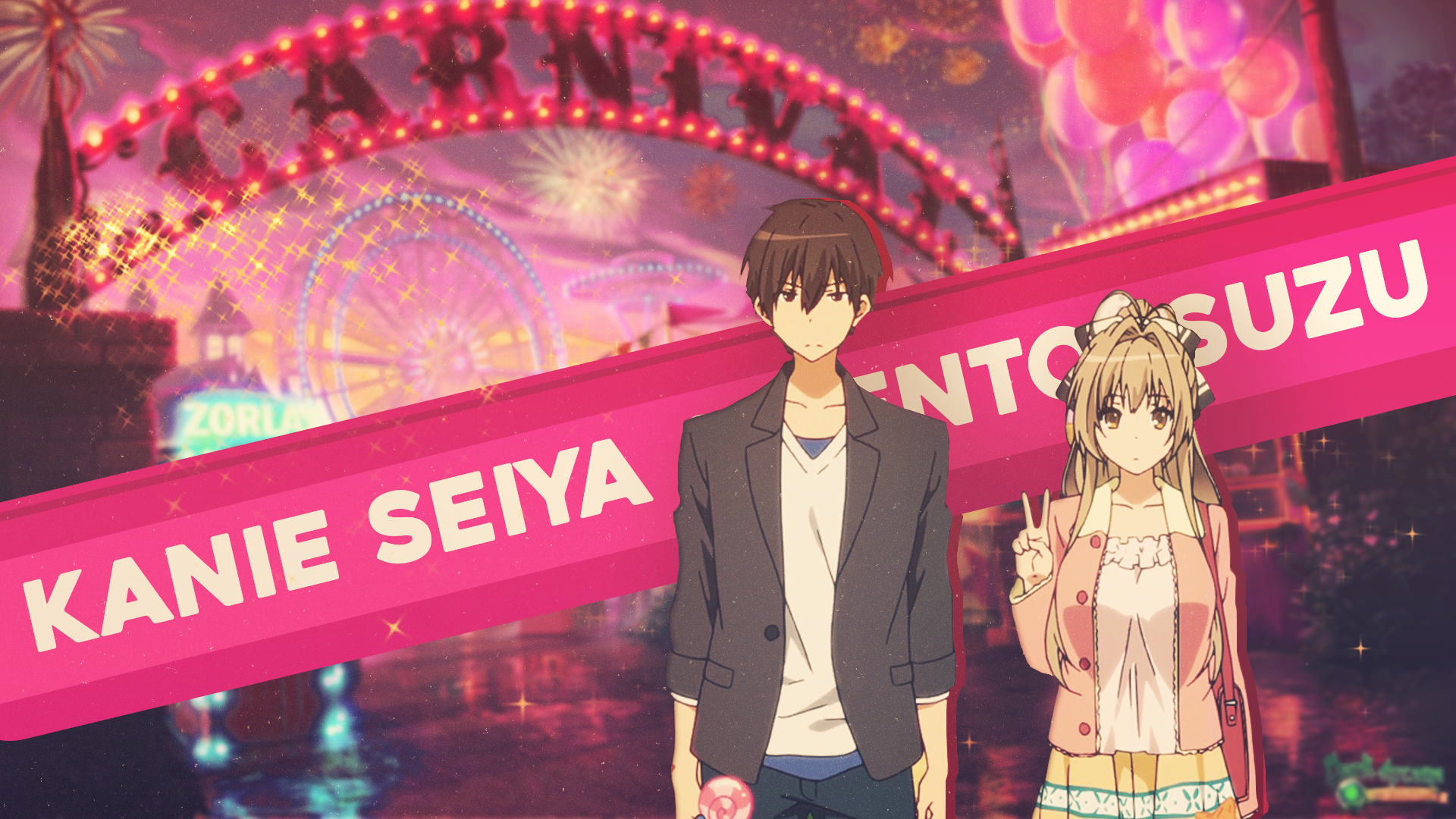 HD anime desktop wallpaper featuring Seiya Kanie and Isuzu Sento from Amagi Brilliant Park with a vibrant nighttime amusement park background.