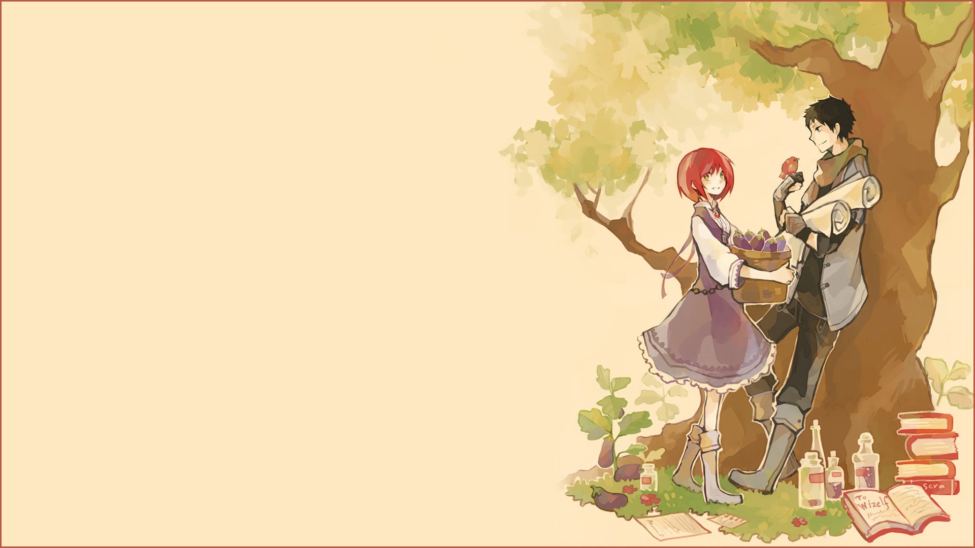HD anime desktop wallpaper featuring Snow White with the Red Hair characters sharing a moment by a tree, with soft colors and a warm, peaceful atmosphere.