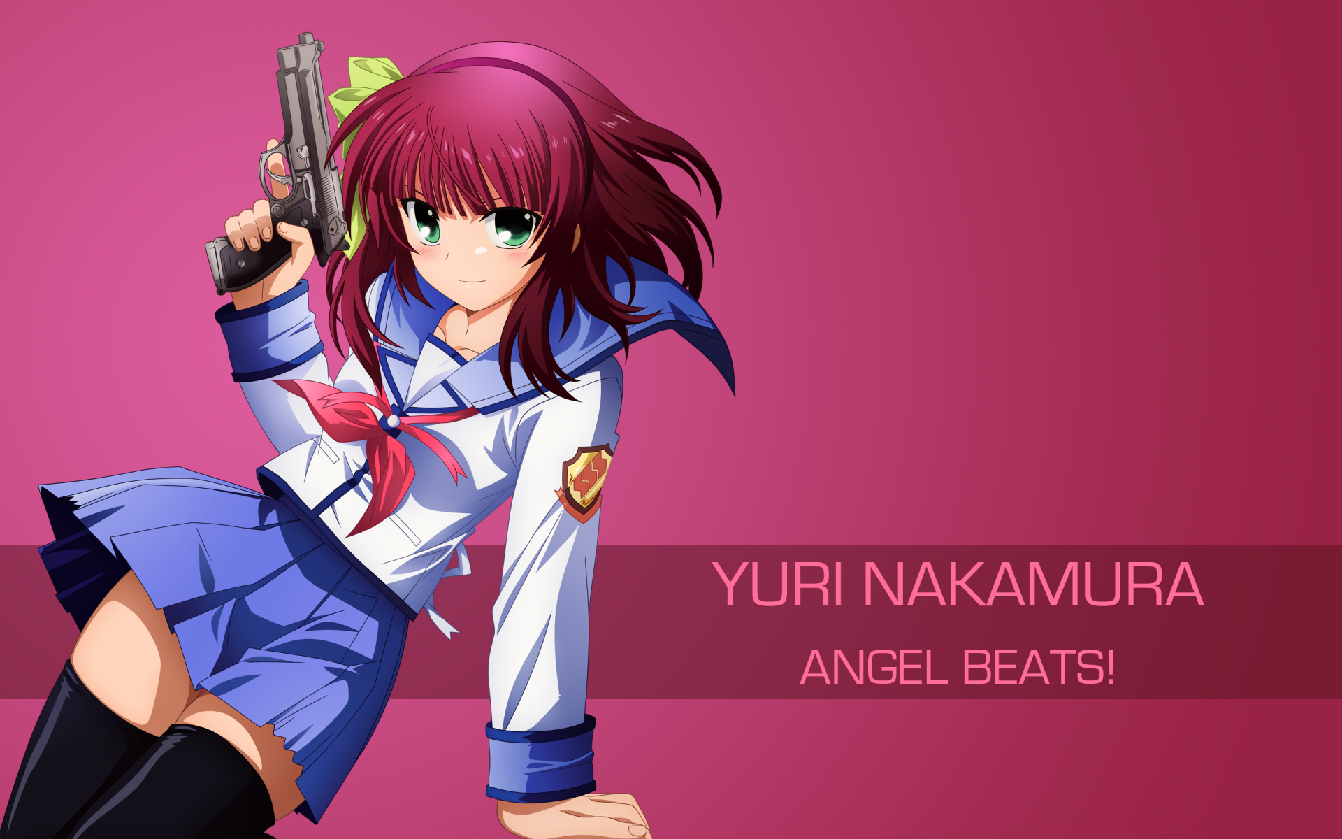2K Quad HD PC desktop wallpaper of Yuri Nakamura from Angel Beats! — anime girl in school uniform with magenta hair and green eyes holding a pistol on a pink background.