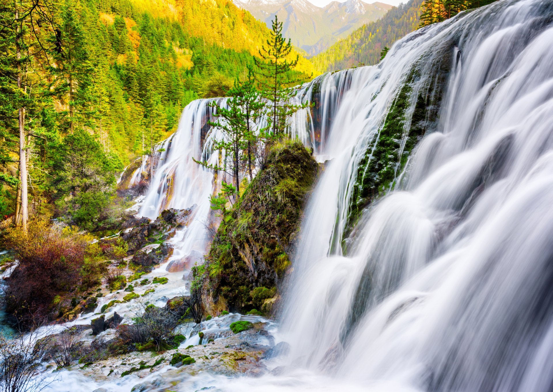 Foamy multi-tier waterfall cascading through a lush green forest, vibrant nature scene — 5K Ultra HD PC desktop wallpaper/background.