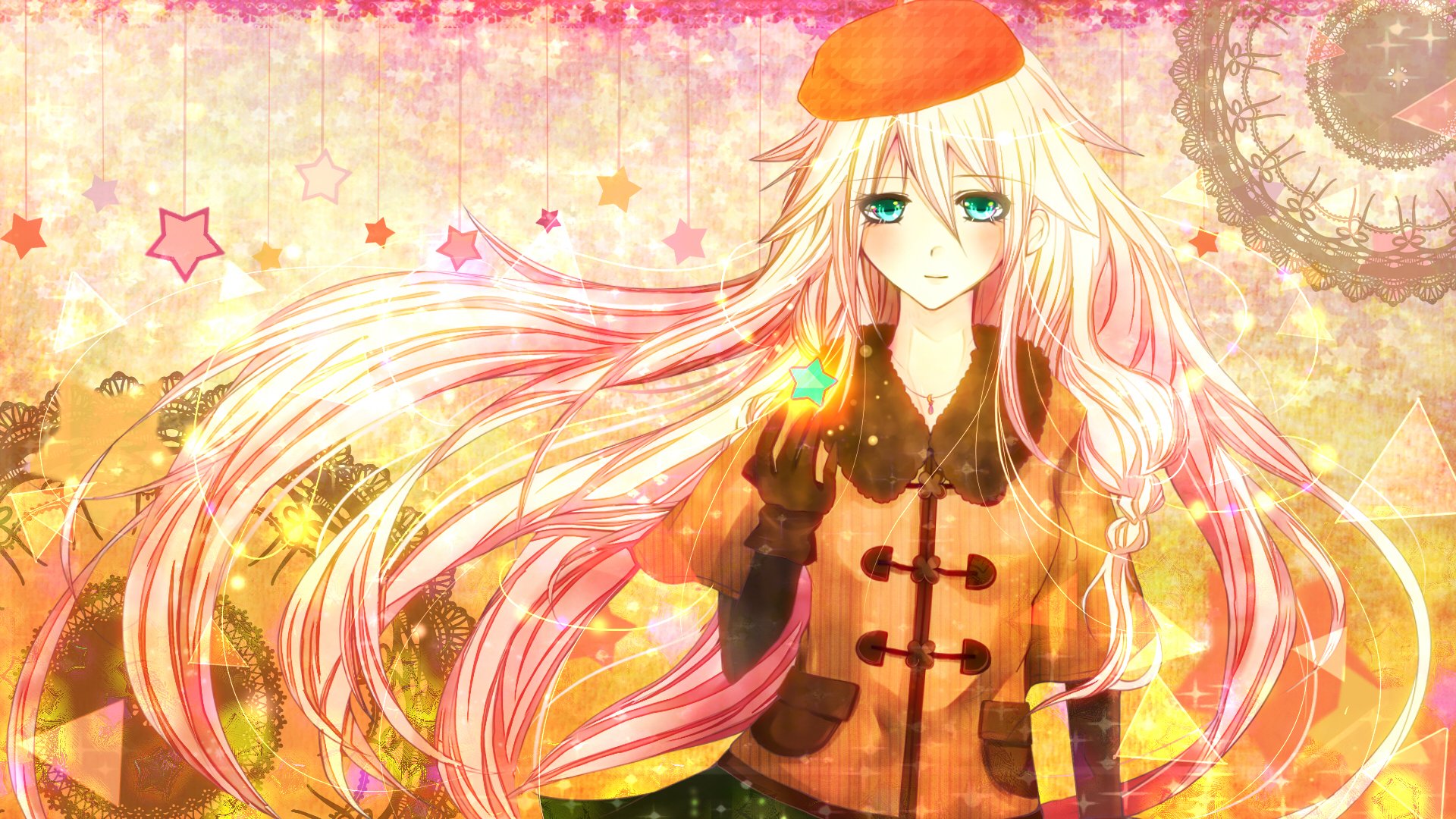 HD PC desktop wallpaper featuring IA from Vocaloid in an anime-style illustration with flowing pink hair and a warm orange outfit against a soft, starry background.