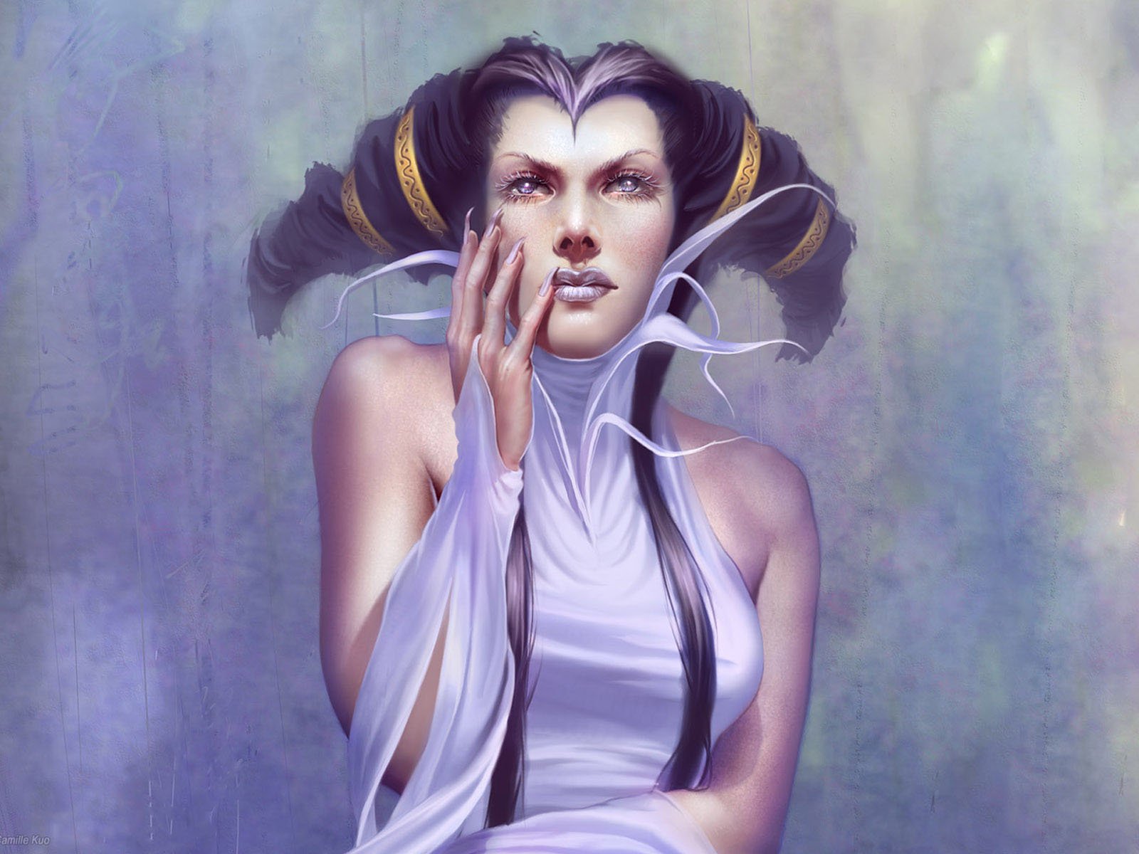 A stunning fantasy-themed HD desktop wallpaper featuring a woman with an ethereal expression, adorned in a flowing white outfit, set against a soft, dreamlike background.