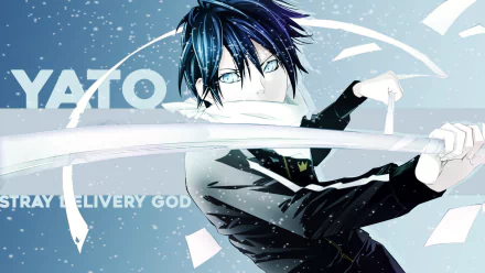 HD wallpaper featuring Yato from the anime Noragami, showcasing the character with striking blue hair and dynamic action pose against a light blue background.