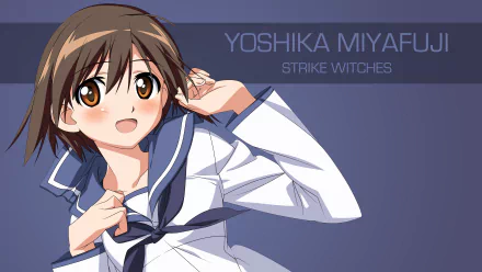 Anime-style 4K Ultra HD desktop wallpaper featuring Yoshika Miyafuji from Strike Witches in a sailor-style school uniform against a muted blue background.