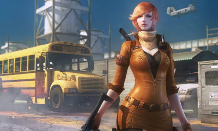 HD desktop wallpaper featuring Datura from the video game CrossFire, set in an industrial-like environment with a yellow bus and aircraft in the background.