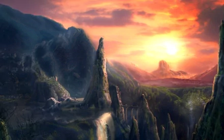 HD desktop wallpaper featuring a fantasy city set amidst towering rock formations and lush greenery, under a dramatic sunset sky.