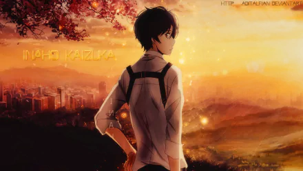 HD anime wallpaper featuring Inaho Kaizuka from Aldnoah.Zero standing against a sunset cityscape with autumn leaves overhead.