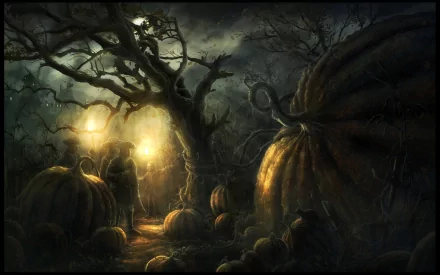 HD desktop wallpaper featuring a dark forest at night, lit by lanterns, with giant pumpkins scattered around.