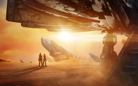 A vibrant scene from Valerian and the City of a Thousand Planets, featuring Cara Delevingne and Dane DeHaan against a stunning alien landscape at sunset.