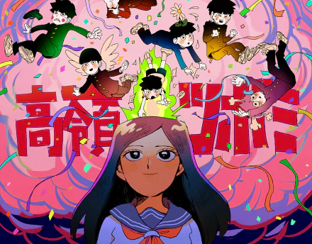 A vibrant HD wallpaper featuring Shigeo Kageyama and Takane Tsubomi from the anime Mob Psycho 100, surrounded by dynamic energy and colorful confetti.