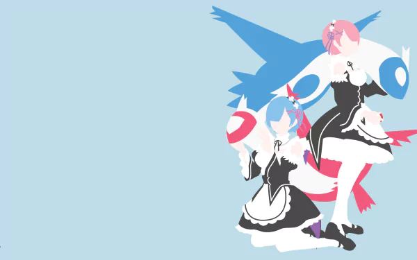 A minimalist HD wallpaper featuring characters Ram and Rem from Re:Zero alongside Pokémon Latias and Latios, blending elements from anime and video games.