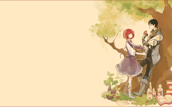 HD anime desktop wallpaper featuring Snow White with the Red Hair characters sharing a moment by a tree, with soft colors and a warm, peaceful atmosphere.