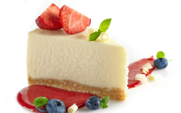 A slice of creamy cheesecake topped with fresh strawberries and a mint leaf, accompanied by blueberry, white chocolate dots, and a red fruit sauce drizzle, in 4K Ultra HD.