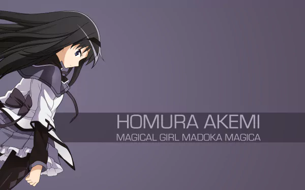 Homura Akemi from Puella Magi Madoka Magica, anime 4K Ultra HD PC desktop wallpaper: side-profile on a muted purple background with name banner.