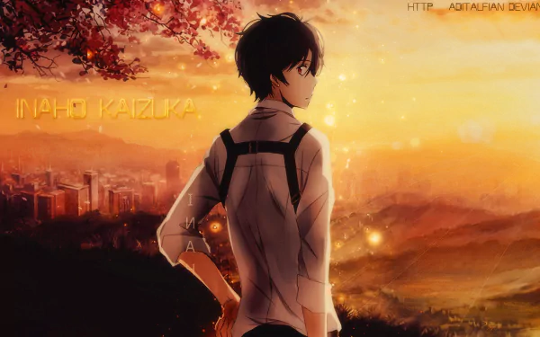 HD anime wallpaper featuring Inaho Kaizuka from Aldnoah.Zero standing against a sunset cityscape with autumn leaves overhead.