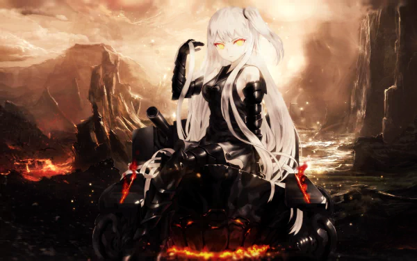 HD PC desktop wallpaper featuring Aircraft Carrier Demon from Kantai Collection, depicted in anime style with fiery volcanic background and glowing orange accents.