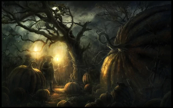 HD desktop wallpaper featuring a dark forest at night, lit by lanterns, with giant pumpkins scattered around.