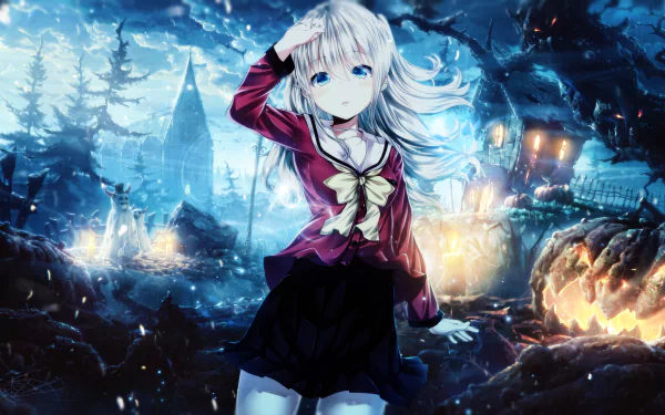 Nao Tomori skirt long hair bow (Clothing) school uniform blue eyes white hair Charlotte (Anime) Anime Charlotte HD Desktop Wallpaper | Background Image