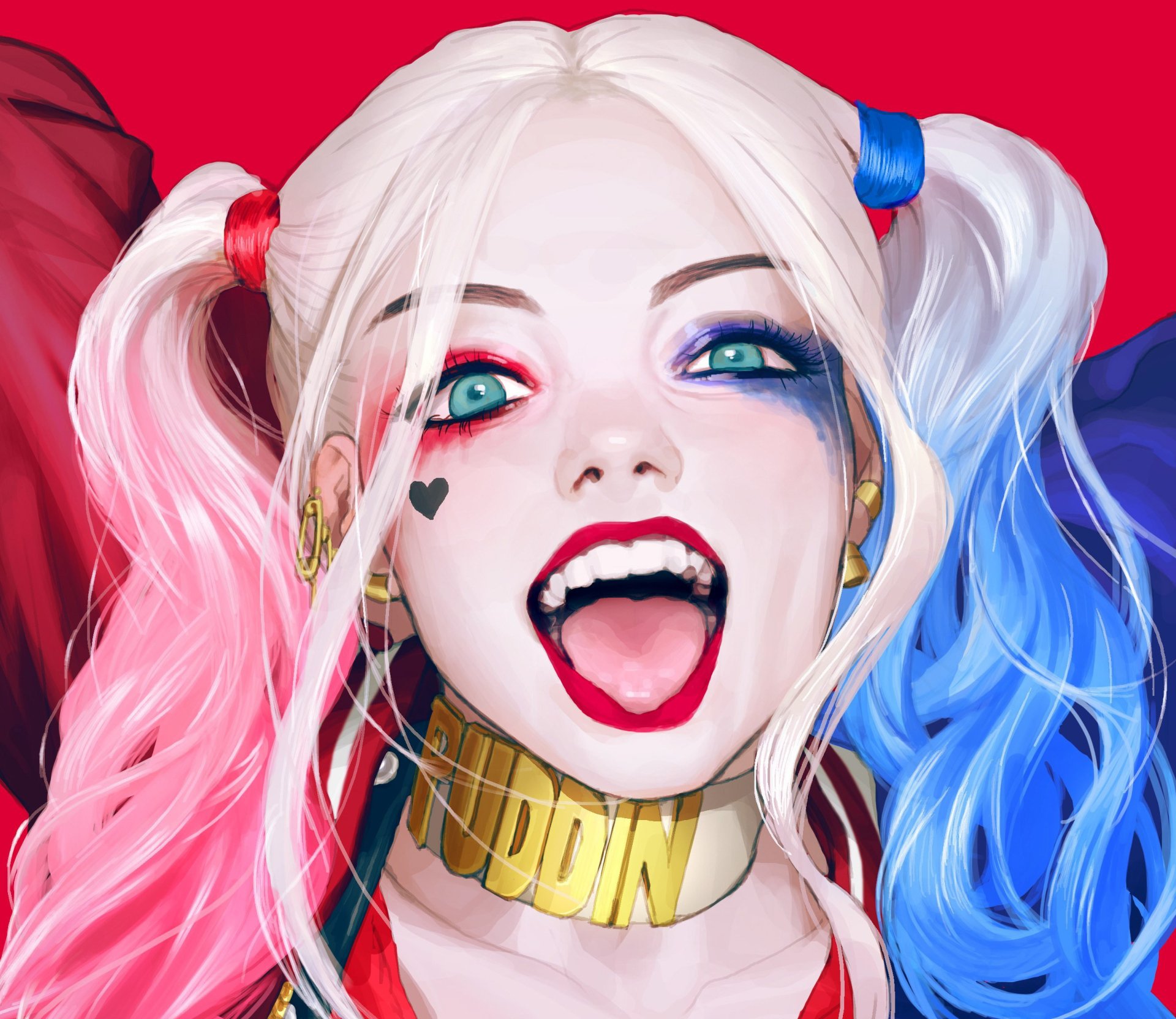 HD desktop wallpaper featuring Harley Quinn from DC Comics, with white hair styled in twintails, vibrant red lipstick, blue eyes, distinct face paint, and a bold expression.