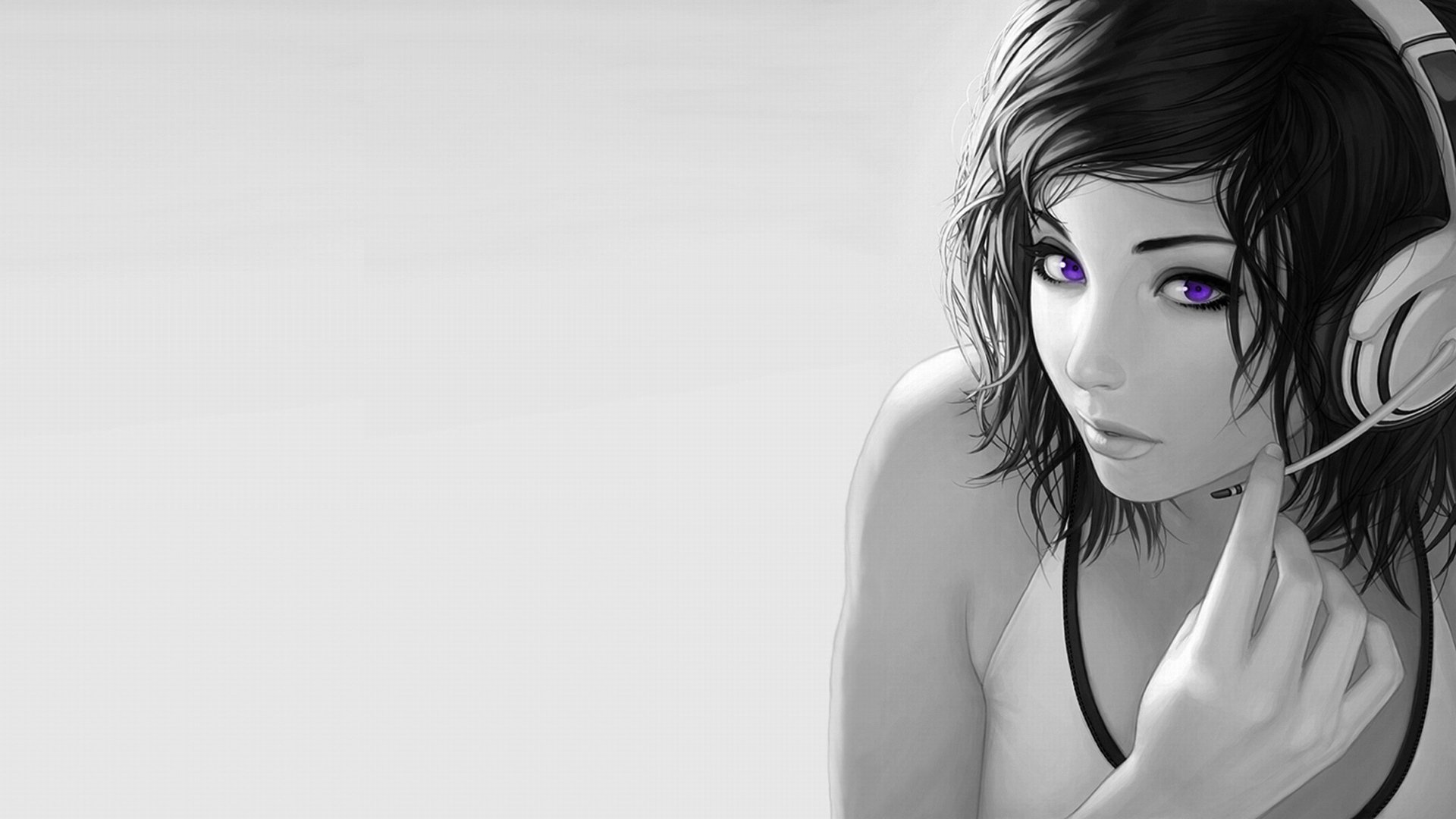A digital artwork featuring a girl with dark, wavy hair and striking blue eyes, wearing headphones. The image serves as a high-definition PC desktop wallpaper.