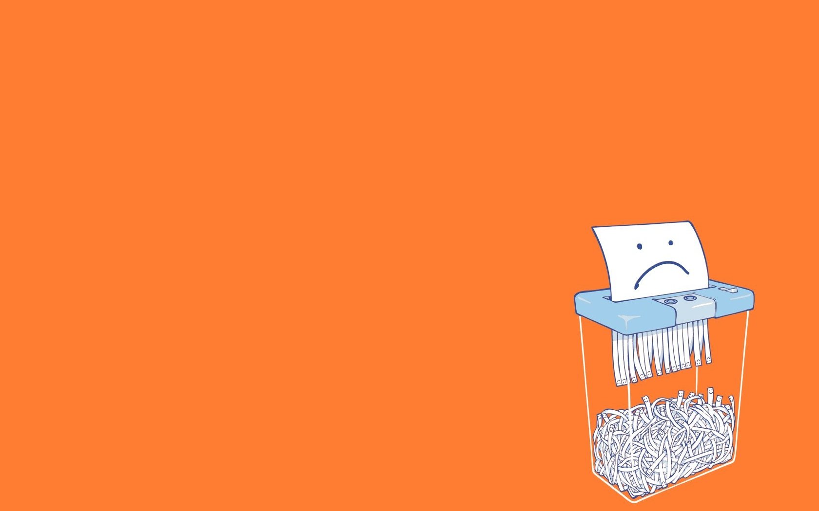 Funny HD PC desktop wallpaper featuring a sad paper sheet being shredded against a bright orange background.