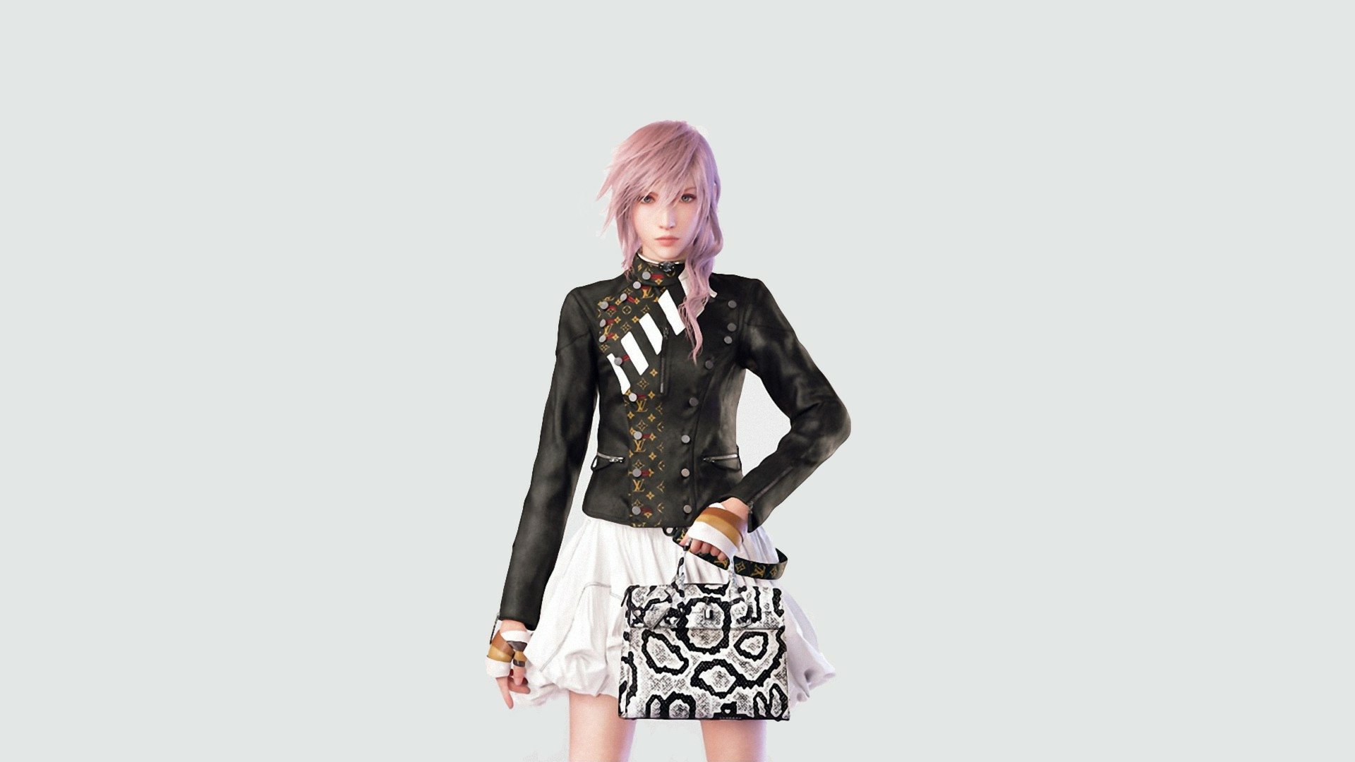 HD PC wallpaper featuring Lightning from the video game Final Fantasy XIII in a stylish black jacket and white skirt against a simple background.