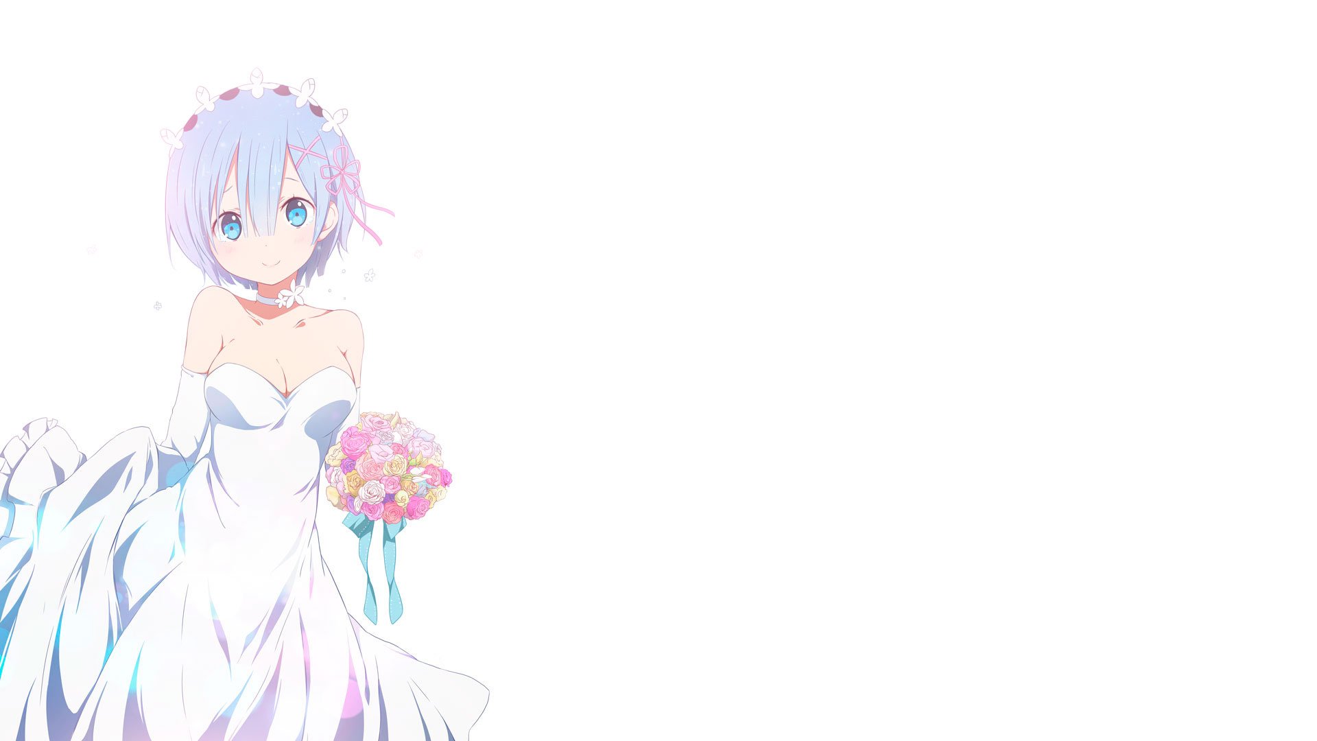 HD PC desktop wallpaper featuring Rem from the anime Re:Zero - Starting Life in Another World, dressed in a white bridal gown holding a bouquet.