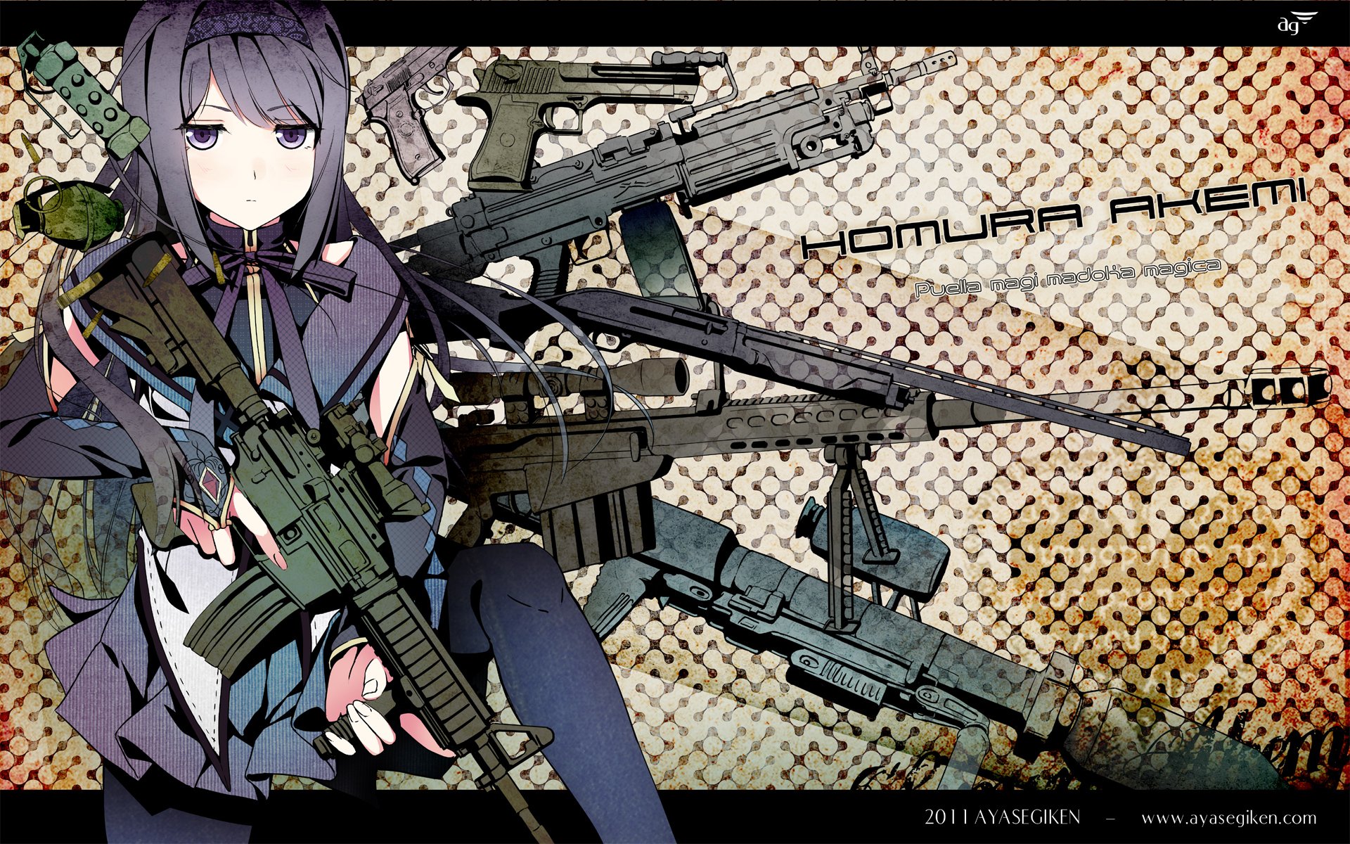 HD PC desktop wallpaper featuring Homura Akemi from the anime Puella Magi Madoka Magica, holding multiple firearms against a textured, patterned background.