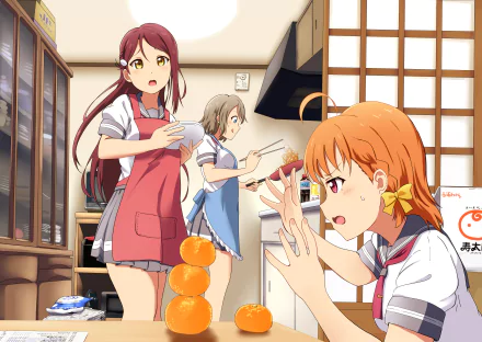 HD PC desktop wallpaper featuring Riko Sakurauchi, You Watanabe, and Chika Takami from the anime Love Live! Sunshine!! in a kitchen setting.