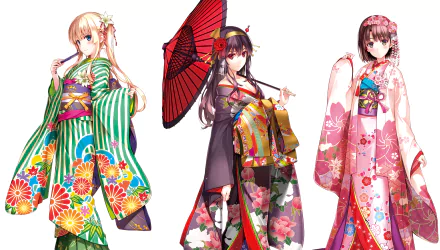 HD PC desktop wallpaper featuring three female anime characters from Saekano: How to Raise a Boring Girlfriend, dressed in colorful, detailed kimonos against a white background.