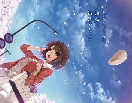 Anime-themed HD wallpaper featuring Megumi Katō from Saekano: How to Raise a Boring Girlfriend, capturing a serene scene with a bright sky and blooming cherry blossoms.