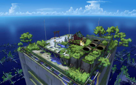 Anime HD PC Desktop Wallpaper and Background: overgrown rooftop garden atop a tall building rising from the sea, with a torii gate, trees and a wide blue sky.