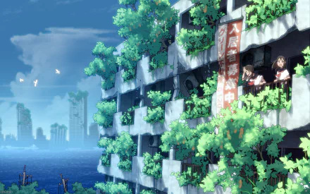 HD anime desktop wallpaper featuring a lush, overgrown building by the water with characters looking out from a window against a bright blue sky.