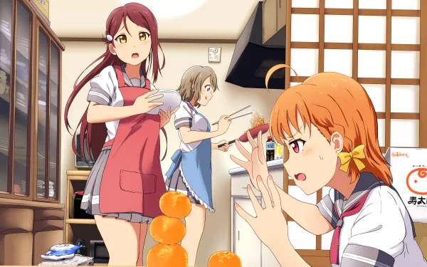 HD PC desktop wallpaper featuring Riko Sakurauchi, You Watanabe, and Chika Takami from the anime Love Live! Sunshine!! in a kitchen setting.
