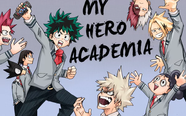 HD desktop wallpaper featuring characters Kanto Sero, Fumikage Tokoyami, Eijiro Kirishima, Shoto Todoroki, Minoru Mineta, Denki Kaminari, Katsuki Bakugou, and Izuku Midoriya from My Hero Academia in their school uniforms.