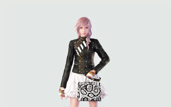 HD PC wallpaper featuring Lightning from the video game Final Fantasy XIII in a stylish black jacket and white skirt against a simple background.