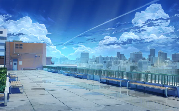 A vibrant HD desktop wallpaper featuring a rooftop view of a city skyline under a bright blue sky, capturing themes of love, money, and rock 'n' roll from a video game perspective.