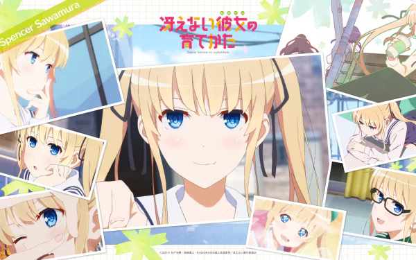 HD wallpaper featuring characters from Saekano: How to Raise a Boring Girlfriend, showcasing a collage of expressions and scenes highlighting vibrant anime aesthetics.