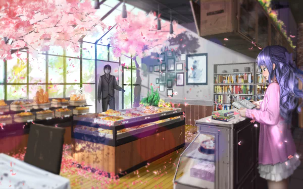 A vibrant anime scene depicting a shop filled with colorful displays and books. Cherry blossoms adorn the windows, creating a serene atmosphere as a girl browses and a figure stands nearby.