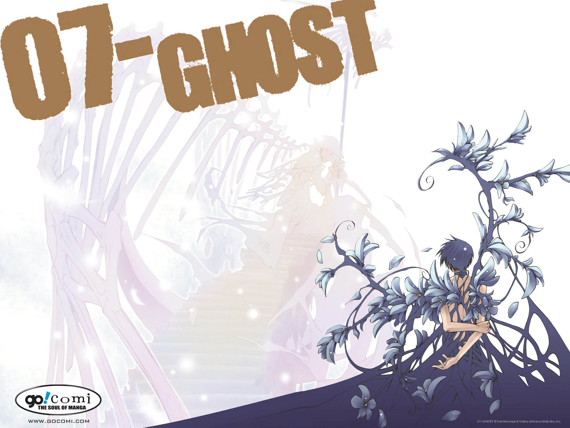 Anime 07-Ghost HD PC desktop wallpaper featuring a dark-haired figure entwined in thorny blue-white vines, a faint skeletal silhouette behind them, and a soft pastel backdrop.