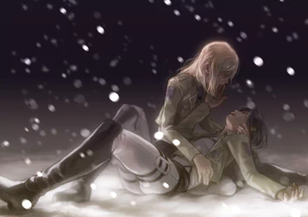 A poignant scene from Attack on Titan featuring Historia Reiss and Ymir, both in uniform, with tears and snow creating a somber atmosphere as they lie together.