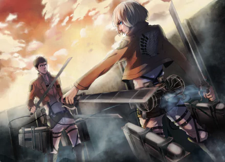 An action-packed HD wallpaper featuring Jean Kirstein and Armin Arlert from Attack on Titan, set against a dramatic sky, showcasing their resolve and readiness for battle.