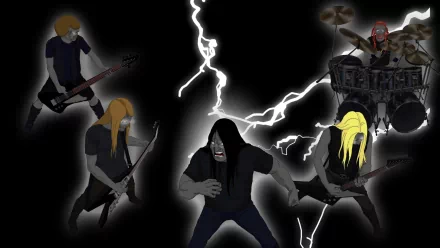 HD PC desktop wallpaper featuring the animated band from the TV show Metalocalypse, with dramatic lightning and dark, intense colors.