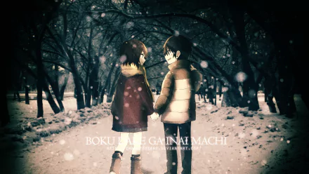A winter scene from Boku Dake Ga Inai Machi features Satoru Fujinuma and Kayo Hinazuki holding hands, surrounded by snowy trees, captured as a stunning HD desktop wallpaper.